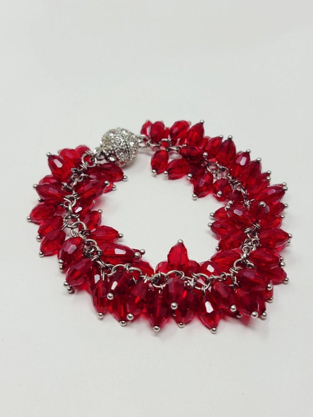 Ruby Red Faceted Glass Cluster Magnetic Bracelet Silver Tone Statement Bracelet